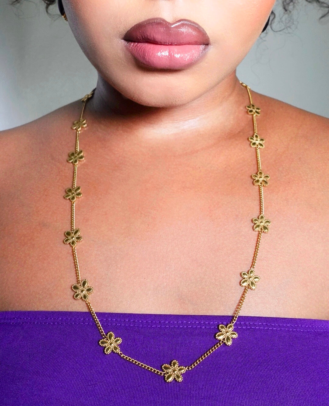 Jolie 17 Hibicus Floret Long Necklace 18K Gold Filled Tarnish Free Jewelry