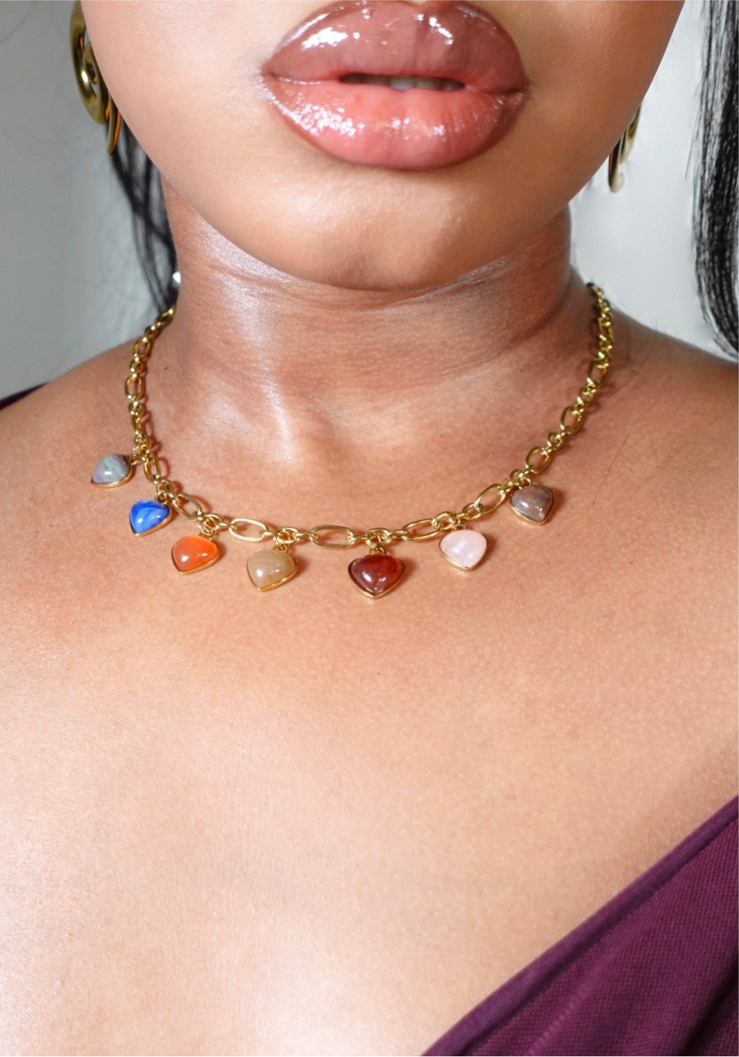 Akoma Colorful Natural Stone Heart Charm Necklace