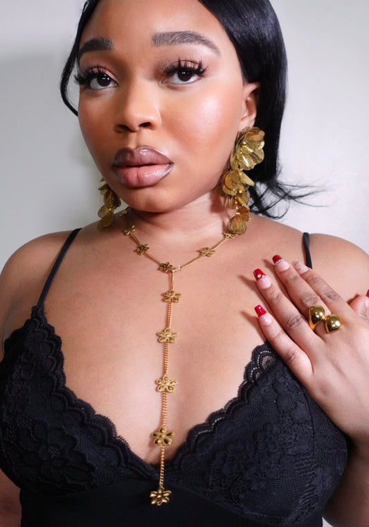 Jolie 17 Hibicus Floret Lariat Y Long Necklace 18K Gold Filled Tarnish Free Jewelry