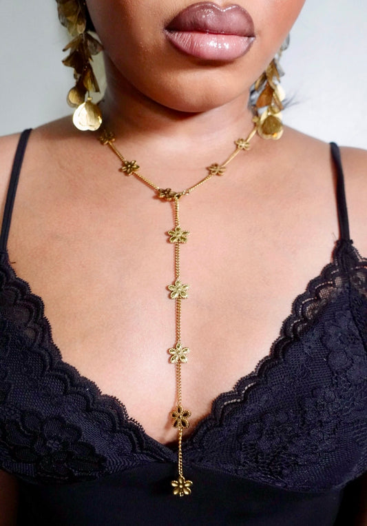 Jolie 17 Hibicus Floret Lariat Y Long Necklace 18K Gold Filled Tarnish Free Jewelry