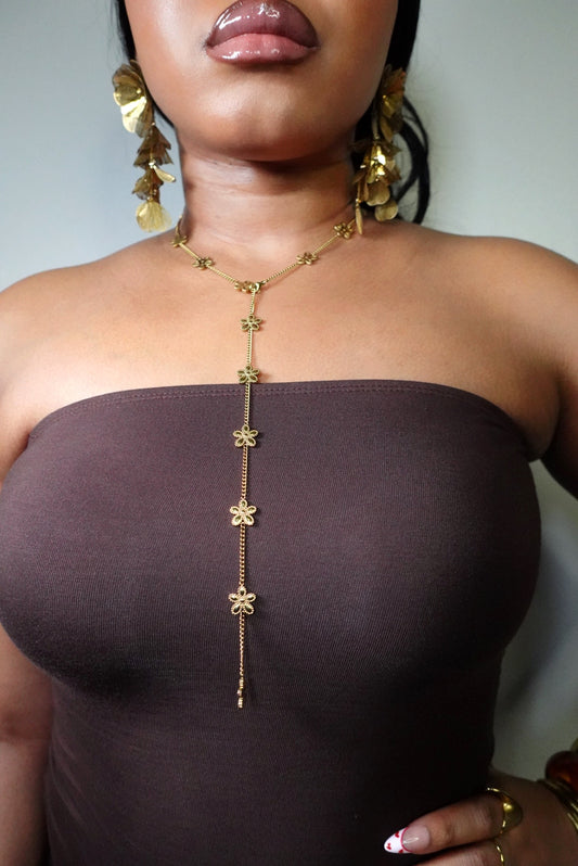Jolie 17 Hibicus Floret Lariat Y Long Necklace 18K Gold Filled Tarnish Free Jewelry