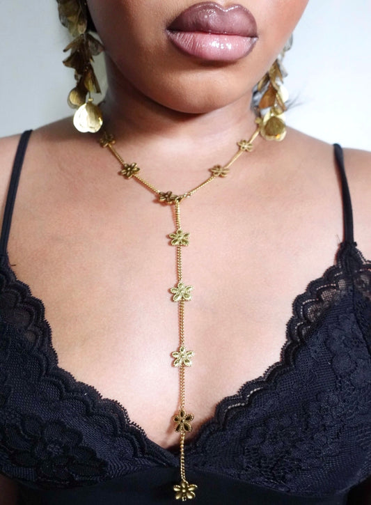 Jolie 17 Hibicus Floret Lariat Y Long Necklace 18K Gold Filled Tarnish Free Jewelry