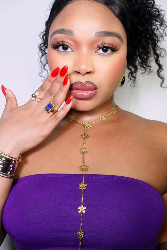 Jolie 17 Hibicus Floret Lariat Y Long Necklace 18K Gold Filled Tarnish Free Jewelry